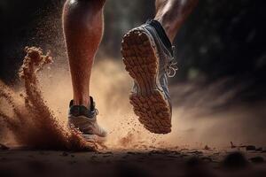 generativo ai ilustración de de cerca a el corredor pies es corriendo en el suciedad ruta a el selva, calle y la carretera. sendero corriendo deporte acción y humano desafío concepto foto