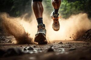 illustration of close-up at the runner feet is running on the dirt route at the jungle, street and road. Trail running sport action and human challenge concept photo