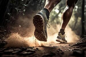 generativo ai ilustración de de cerca a el corredor pies es corriendo en el suciedad ruta a el selva, calle y la carretera. sendero corriendo deporte acción y humano desafío concepto foto