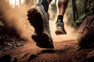 generativo ai ilustración de de cerca a el corredor pies es corriendo en el suciedad ruta a el selva, calle y la carretera. sendero corriendo deporte acción y humano desafío concepto foto