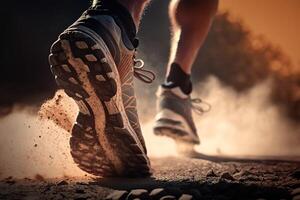 illustration of close-up at the runner feet is running on the dirt route at the jungle, street and road. Trail running sport action and human challenge concept photo