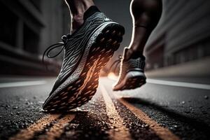 illustration of close-up at the runner feet is running on the dirt route at the jungle, street and road. Trail running sport action and human challenge concept photo