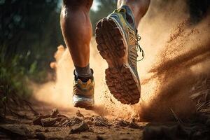 generativo ai ilustración de de cerca a el corredor pies es corriendo en el suciedad ruta a el selva, calle y la carretera. sendero corriendo deporte acción y humano desafío concepto foto