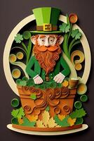 illustration of whimsical Irish cartoon, sharock, beer, green, pot of gold, happy st patrick Day, quilling paper cut art photo