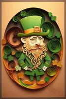 illustration of whimsical Irish cartoon, sharock, beer, green, pot of gold, happy st patrick Day, quilling paper cut art photo