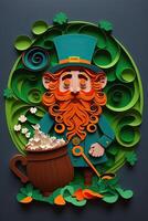 illustration of whimsical Irish cartoon, sharock, beer, green, pot of gold, happy st patrick Day, quilling paper cut art photo