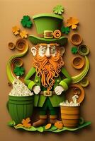 illustration of whimsical Irish cartoon, sharock, beer, green, pot of gold, happy st patrick Day, quilling paper cut art photo