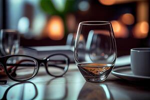 illustration of a restaurant table with a glass of white wine, soft golden light, expensive restaurant with beautiful lights in the background photo