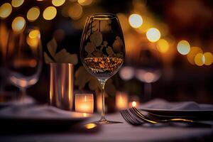 illustration of a restaurant table with a glass of white wine, soft golden light, expensive restaurant with beautiful lights, outdoor and night photo
