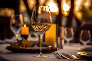 illustration of a restaurant table with a glass of white wine, soft golden light, expensive restaurant with beautiful lights, outdoor and night photo