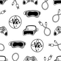 VR gadgets seamless vector pattern. Virtual and augmented reality. Joystick, charging, glasses. Modern equipment, device for games, 3D, esports. Simple doodle. Background for wallpaper, packaging, web