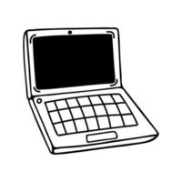 Laptop vector icon. Device for games, web, office. Open wireless notebook with screen, keyboard. Simple doodle isolated on white. Outline, line art. Gadget in perspective view. Clipart for logo, apps