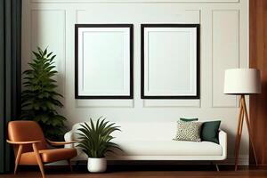 illustration of vertical blank picture frame mockup, frame on the wall, nature decoration, mid century living room. Mock up for an illustration. photo