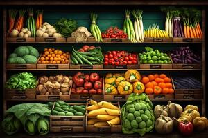 generativo ai ilustración de vegetal granjero mercado mostrador vistoso varios Fresco orgánico sano vegetales a tienda de comestibles almacenar. sano natural comida concepto foto