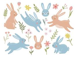 Spring set of cute rabbits, flowers and leafs. Hand drawn bunny collection on white background. Kids character illustration, animal print vector
