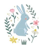 Vector illustration rabbit in flower frame. Composition of a bunny with floral elements