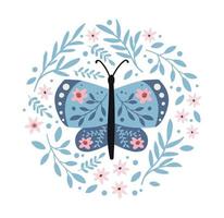 decorative butterfly and flowers on white background, vector hand drawn composition with moth and leafs
