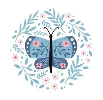 decorative butterfly and flowers on white background, vector hand drawn composition with moth and leafs