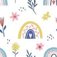 Spring seamless pattern with rainbow and flowers. Kids print, fabric design vector