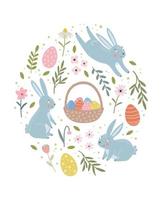 Vector illustration rabbit in flower frame. Composition of a bunny with floral elements