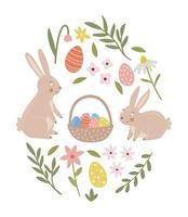 Vector illustration rabbit in flower frame. Composition of a bunny with floral elements