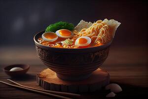 generativo ai ilustración de el más delicioso japonés ramen, soja salsa ramen en Cerdo hueso caldo foto