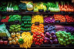 Generative AI illustration of vegetable farmer market counter colorful various fresh organic healthy vegetables at grocery store. Healthy natural food concept photo