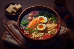 generativo ai ilustración de el más delicioso japonés ramen, soja salsa ramen en Cerdo hueso caldo foto