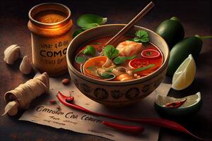 illustration of appetizing bowl of Tom Yum soup, spicy Thai soup with shrimp, seafood, coconut milk and chili pepper in bowl copy space photo