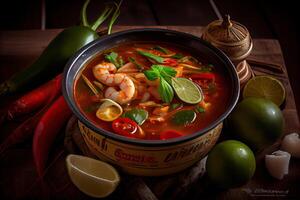 illustration of appetizing bowl of Tom Yum soup, spicy Thai soup with shrimp, seafood, coconut milk and chili pepper in bowl copy space photo