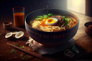 generativo ai ilustración de el más delicioso japonés ramen, soja salsa ramen en Cerdo hueso caldo foto