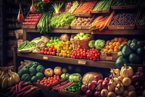illustration of vegetable farmer market counter colorful various fresh organic healthy vegetables at grocery store. Healthy natural food concept photo