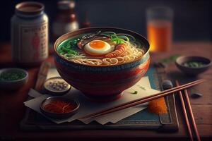 generativo ai ilustración de el más delicioso japonés ramen, soja salsa ramen en Cerdo hueso caldo foto