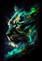 illustration of the celestial beast made of a magical malachite nebula, lurks in the dark, abstract hyper realism, surreal liquid oil and splattered ink photo