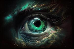 illustration of a cosmic being, each eye is a neutron star, his mouth is a black hole, and he gives off a malachite green aura photo