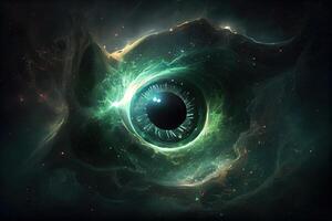 illustration of a cosmic being, each eye is a neutron star, his mouth is a black hole, and he gives off a malachite green aura photo