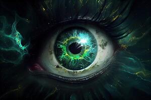 illustration of a cosmic being, each eye is a neutron star, his mouth is a black hole, and he gives off a malachite green aura photo