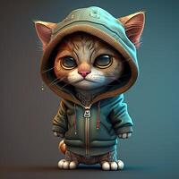 illustration of 3D SHADED group of chibi cat with wide head and cute face in clothes portrait photo