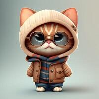 illustration of 3D SHADED group of chibi cat with wide head and cute face in clothes portrait photo