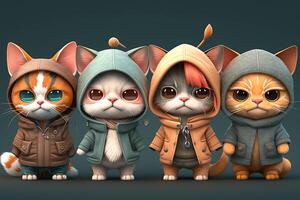 generativo ai ilustración de 3d sombreado grupo de chibi gato con amplio cabeza y linda cara en ropa retrato foto