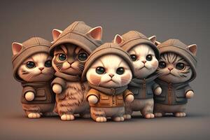 generativo ai ilustración de 3d sombreado grupo de chibi gato con amplio cabeza y linda cara en ropa retrato foto