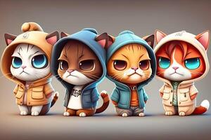 generativo ai ilustración de 3d sombreado grupo de chibi gato con amplio cabeza y linda cara en ropa retrato foto