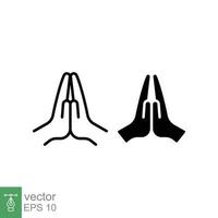 Faith, pray, religion icon, line and solid style. Depicting two hands pressed together and fingers pointed up, folded hands is variously used as a gesture of prayer. Outline and glyph. Vector EPS 10.
