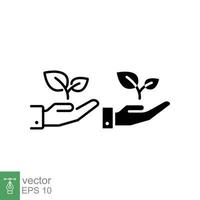 mano con planta línea y glifo icono. sencillo contorno y sólido estilo. eco simpático mano participación planta, ambiental conservación concepto. vector ilustración aislado en blanco antecedentes. eps 10