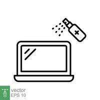 Disinfection, laptop spray flat icon. Simple outline style. Virus prevention sanitizer products concept. Thin line symbol. Vector illustration isolated on white background. EPS 10.