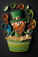 illustration of whimsical Irish cartoon, shamrock, beer, green, pot of gold, happy St. Patrick Day, quilling paper cut art photo