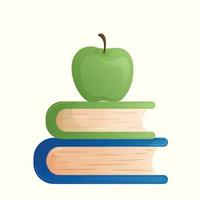 A stack of two multicolored simple cartoon books and a green apple on top. Eco wrendly and healthy lifestyle. Greeting square postcard for World Book Day without text vector