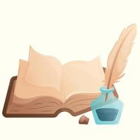 Old antique open brown retro book with blank pages and a jar of ink with a bird feather. Old retro elements for World Book Day vector