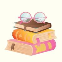 un apilar de Tres linda dibujos animados multicolor libros sin dibujos y inscripciones con marcadores y linda femenino rosado lentes en cima. saludo cuadrado tarjeta postal para mundo libro día sin texto vector