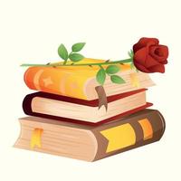 A stack of three bright multi-colored books with bookmarks without inscriptions and drawings, with a red rose on top. Cute cartoon greeting square postcard for World Book Day with red rose vector